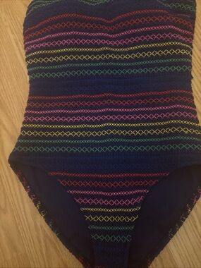 Boden Navy Strapless One-Piece with Rainbow Zigzag Stitching